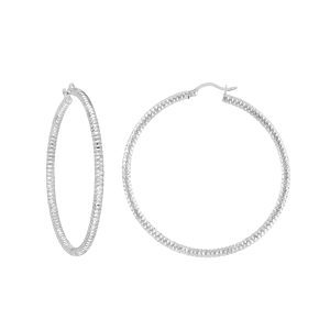 Sterling Silver 3mm x 40mm Diamond-Cut Rhodium Hoop Earrings