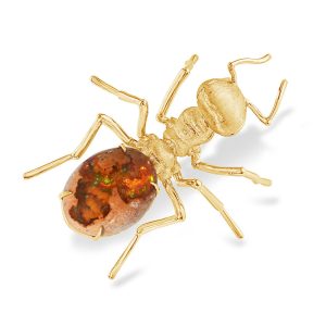 14K Yellow Gold Mexican Fire Opal/Tsavorite Fire Ant Lapel Pin with Ylw Plated Post-Back