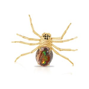14K Yellow Gold Mexican Fire Opal/Black Diamond Spider Lapel Pin with Yellow Plated Post/Back