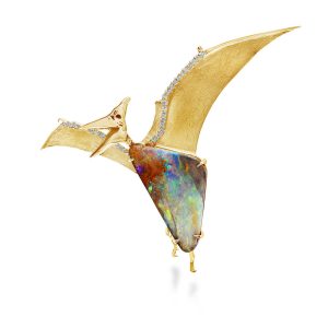 14K Yellow Gold Australian Boulder Opal/Diamond Pterodactyl Brooch