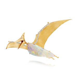14K Yellow Gold Australian Boulder Opal/Diamond Pterodactyl Brooch