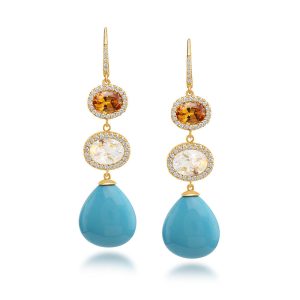 18K Yellow Gold Arizona Turquoise/Moonstone/Mandarin Garnet/Diamond Earrings