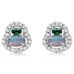 14K White Gold Australian Opal/Tsavorite/Diamond Earrings