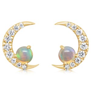 14K White Gold Australian Opal/Diamond Moon Earrings