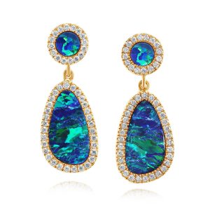 14K Yellow Gold Australian Opal Doublet/Diamond Earrings