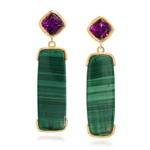 14K Yellow Gold Malachite/Purple Garnet Earrings