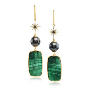 14K Yellow Gold Malachite/Tahitian Pearl/Montana Sapphire Earrings