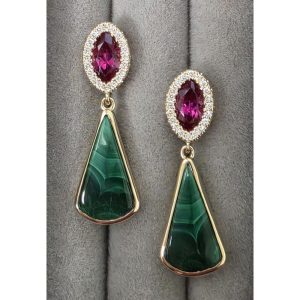 14K Yellow Gold Malachite/Rubellite Tourmaline/Diamond Earrings
