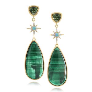14K Yellow Gold Malachite/Australian Opal/Diamond Earrings