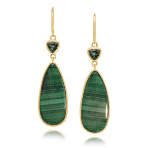 14K Yellow Gold Malachite/Green Tourmaline/ Earrings