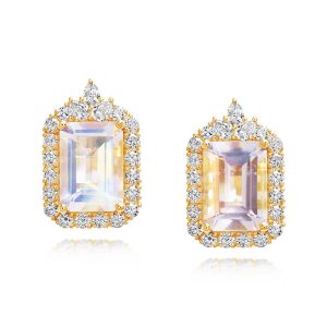 18K Yellow Gold Rainbow Moonstone/Diamond Earrings