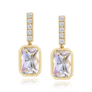 18K Yellow Gold Rainbow Moonstone/Diamond Earrings