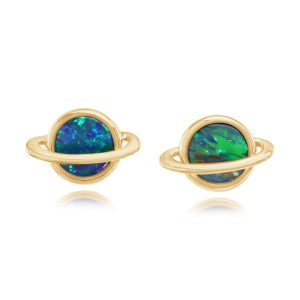 14K Yellow Gold Australian Opal Doublet Saturn Earrings