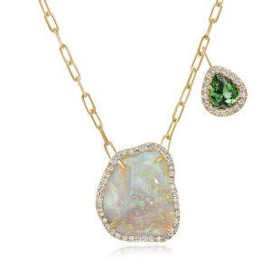 18K Yellow Gold Australian Opal/Mint Garnet/Diamond Neckpiece