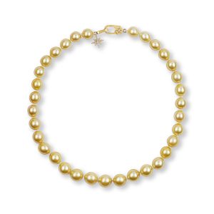 14K Yellow Gold 13.3 - 11mm Near Round Golden South Sea Pearl/Diamond Strand Necklace