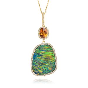 18K Yellow Gold Australian Opal Doublet/Mandarin Garnet/Diamond Pendant
