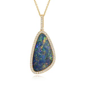 14K Yellow Gold Australian Opal Doublet/Diamond Pendant