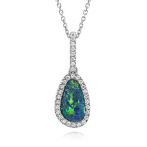 14K White Gold Australian Opal Doublet/Diamond Pendant