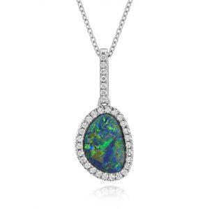 14K White Gold Australian Opal Doublet/Diamond Pendant
