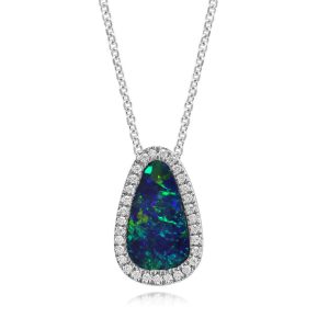 14K White Gold Australian Opal Doublet/Diamond Pendant