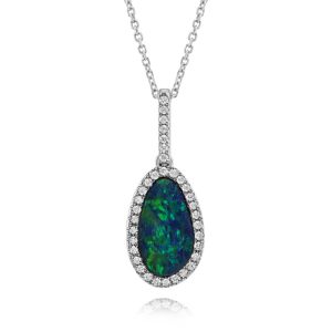 14K White Gold Australian Opal Doublet/Diamond Pendant