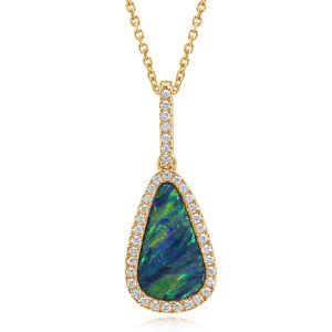 14K Yellow Gold Australian Opal Doublet/Diamond Pendant