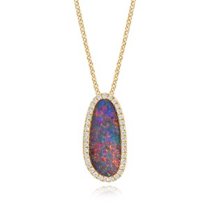 14K Yellow Gold Australian Opal Doublet/Diamond Pendant