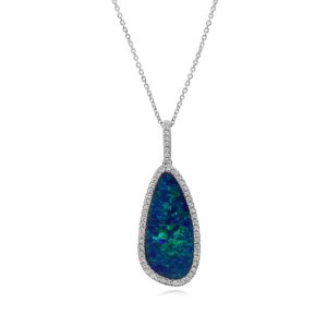 14K White Gold Australian Opal Doublet/Diamond Pendant