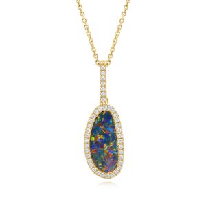14K Yellow Gold Australian Opal Doublet/Diamond Pendant