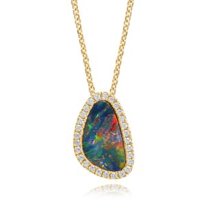 14K Yellow Gold Australian Opal Doublet/Diamond Pendant