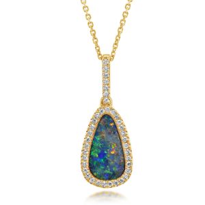 14K Yellow Gold Australian Opal Doublet/Diamond Pendant