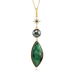 14K Yellow Gold Malachite Cabochon/Tahitian Pearl/Montana Sapphire Pendant