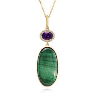 14K Yellow Gold Malachite Cabochon/Purple Garnet/Diamond Pendant