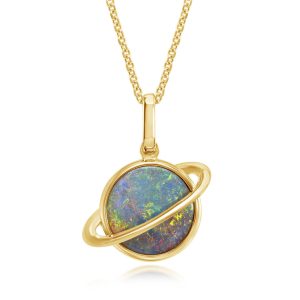 14K Yellow Gold 10mm Australian Opal Doublet Saturn Pendant
