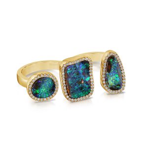 14K Yellow Gold Australian Boulder Opal/Diamond 3 Stone-2 Finger Ring