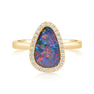 14K Yellow Gold Australian Opal Doublet/Diamond Ring