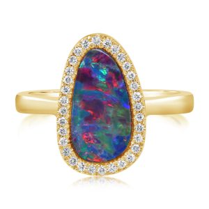 14K Yellow Gold Australian Opal Doublet/Diamond Ring