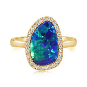 14K Yellow Gold Australian Opal Doublet/Diamond Ring