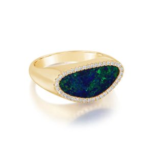 14K Yellow Gold Australian Opal Doublet/Diamond Ladies Signet Ring