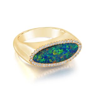 14K Yellow Gold Australian Opal Doublet/Diamond Ladies Signet Ring