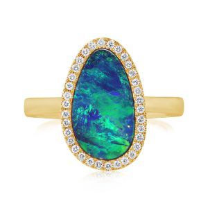 14K Yellow Gold Australian Opal Doublet/Diamond Ring