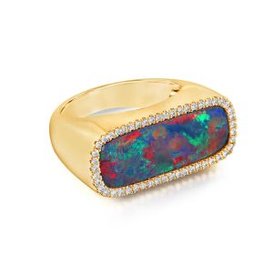14K Yellow Gold Australian Opal Doublet/Diamond Ladies Signet Ring