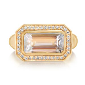 14K Yellow Gold Rainbow Moonstone/Diamond Ring