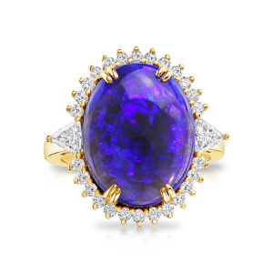 18K Yellow Gold Australian Black Opal/Tanzanite/Diamond Ring