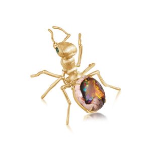14K Yellow Gold Mexican Fire Opal/Tsavorite Fire Ant Lapel Pin with Ylw Plated Post-Back