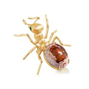 14K Yellow Gold Mexican Fire Opal/Tsavorite Fire Ant Lapel Pin with Ylw Plated Post-Back