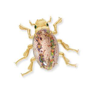 14K Yellow Gold Fire Opal Boulder/Tsavorite Beetle Pendant/ Brooch