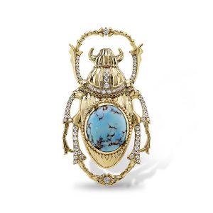 14K Yellow Gold Kazakhstan Turquoise/Diamond Scarab Brooch
