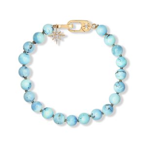 14K Yellow Gold 6.90mm-7.6mm Round Bead Golden Hill Turquoise/Diamond Strand Bracelet