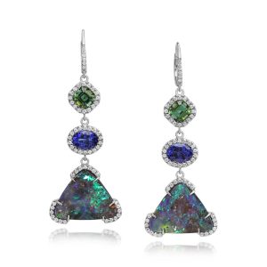 18K White Gold Boulder Opal/Blue-Green Tourmaline/Tanzanite/Diamond Earrings